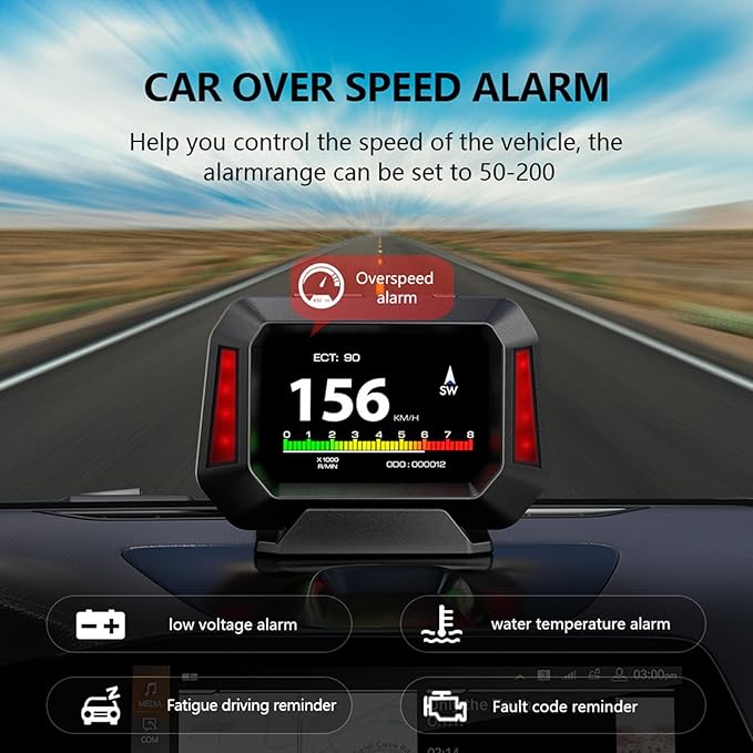 AZIJYV Obd2 Gauge Display P21, Heads Up Display for Cars, Displaying Multiple Functions, Speedometer, Slope Meter, Digital Speedometer for car Suitable for After 2009