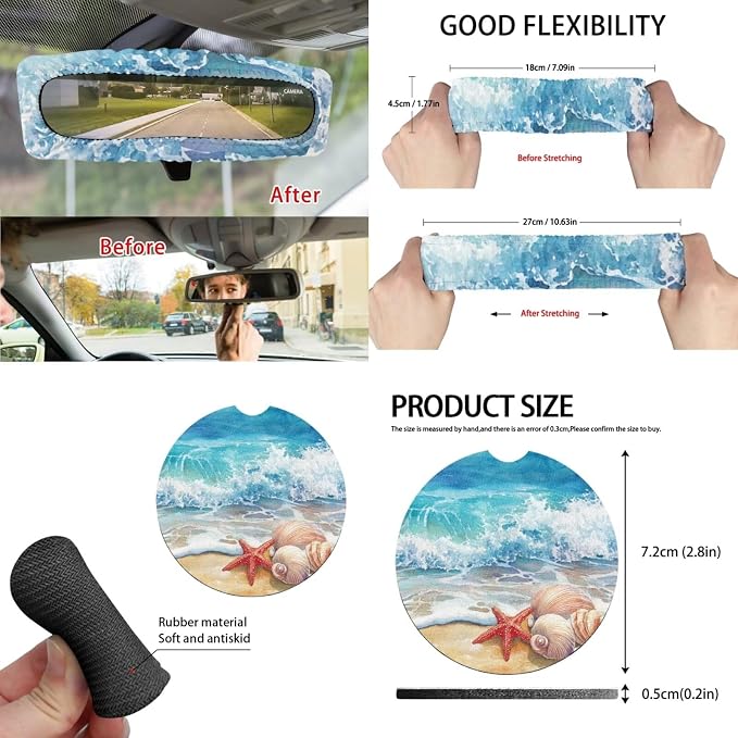 Beach Starfish Print 15 PCS Car Seat Cover Set with Auto Steering Wheel Cover Seat Belt Strap Protector Cup Holder Trash Bag Rear View Mirror Protector Keychain