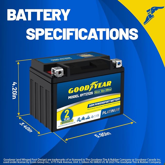 Goodyear GYTZ12S - 12 Volt 12 AH, 210 CCA, Rechargeable High-Performance, Maintenance Free, SLA - AGM Battery for Motorcycle, ATV, UTV, Scooter, Snowmobile, Motorbike and more!