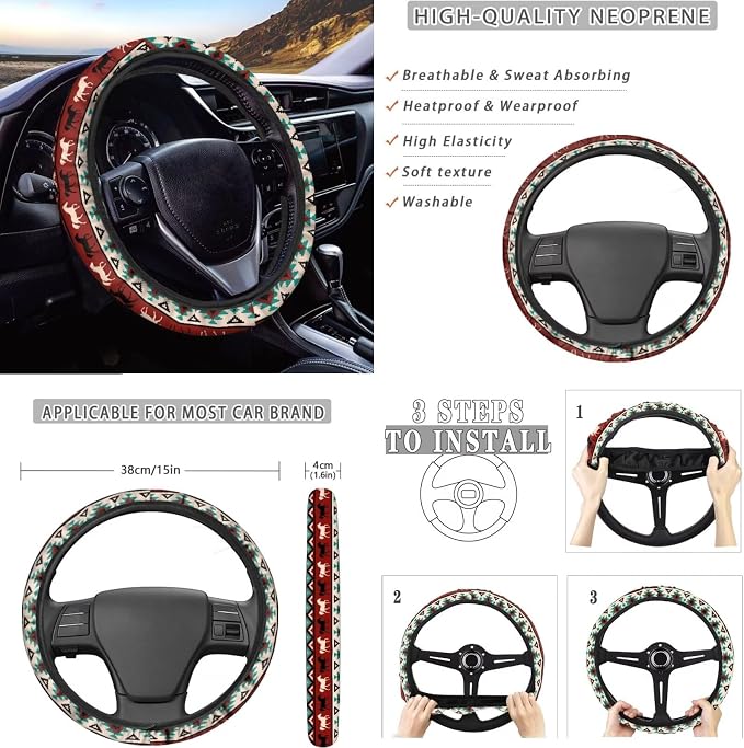 Dreaweet Navajo Seat Covers for Cars Full Set Native Tribal Horse Car Accessories Seat Covers with Steering Wheel Cover/Armrest Cover/Seatbelt Covers/Cup Holders/Gear Shift Cover/Handbrake Cover,12Pcs