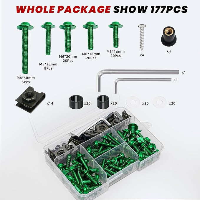 Green Motorcycle Fairing Bolt Kit 177Pcs, M5 M6 Stainless Steel Windscreen Screws Fastener Clips Universal Fit for Sportbike Suzuki Kawasaki Honda Yamaha BMW Ducati GSXR Motorcycle