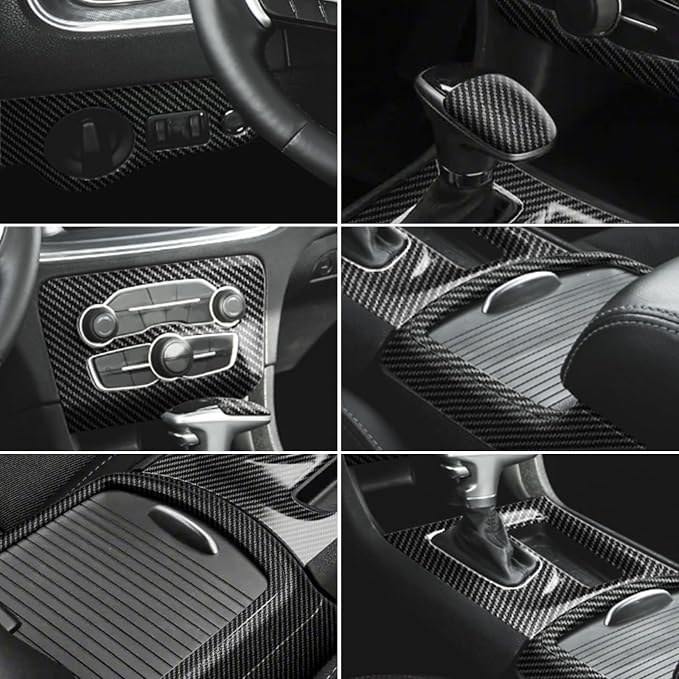 5PCS Carbon Fiber Interior Cover Kit Compatible with 2015-2023 Dodge Charger, Gear Shift Panel Cover Cup Holder Cover AC Air Vent Cover Headlight Switch Panel Cover
