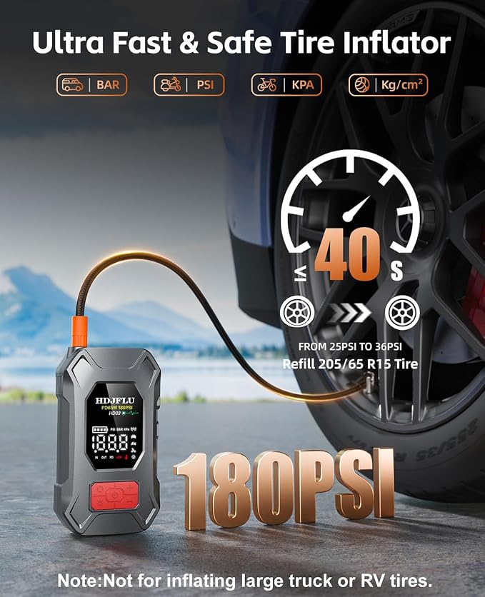 7500A Jump Starter with 180PSI Air Compressor, 24000mAh Car Battery Booster | Jump Stater Box for All Gas/10L Diesel, 65W PD Fast Charge Power Bank, Portable Tire Inflator, Jumper Cables, LED Light