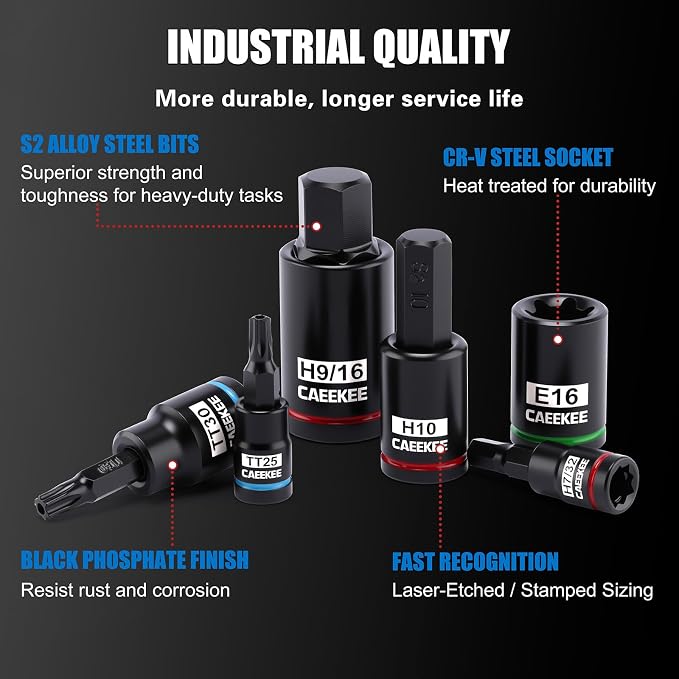 105PCS Master Allen and Torx Bit Socket Set, Hex/Torx/E-Torx Bit Set, 1/4", 3/8" & 1/2" Drive, CR-V & S2 Steel, Includes Socket Adapters, Storage Case