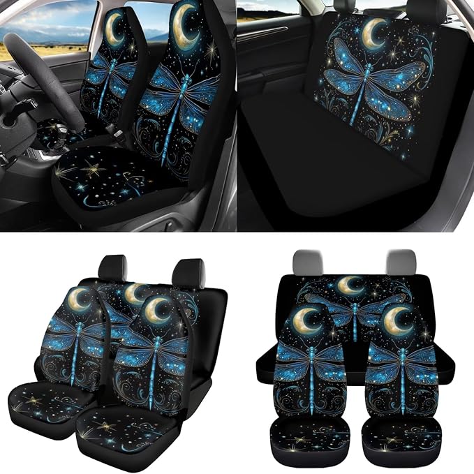 8 Pcs Moon Dragonfly Car Seat Covers Full Set Car Accessories for Women Front Seat Cover Steering Wheel Armrest Cover Seat Belt Cover for Auto SUV Interior Decoration