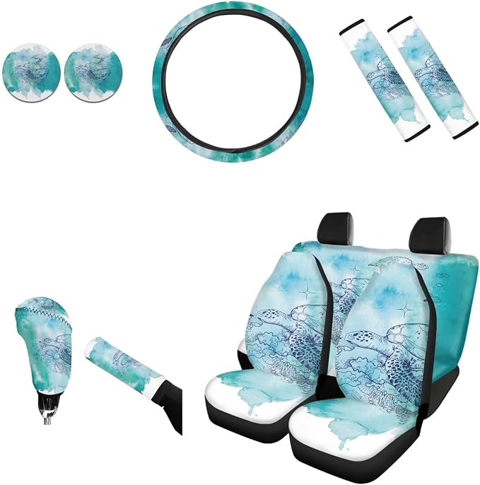 AFPANQZ 11 Pieces Car Accessories Set Sea Turtle Car Seat Covers Full Set with Hand Brake Cover + Gear Shift Knob Cover + Seat Belt Pads + Car Coaster + Steering Wheel Cover Blue Interior Decor