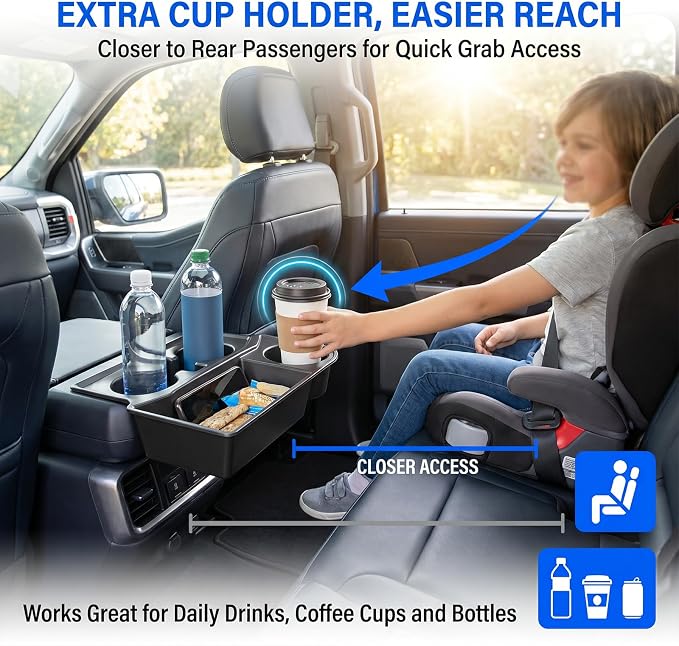 Rear Console Cup Holder Fits for 2021-2026 Ford F150 Bucket Seats Behind Armrest Tray Console Organizer Rear Cup Insert Compatible with F150 Interior Accessories Back Center Console Storage