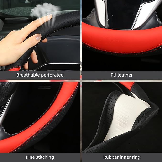 Leather Steering Wheel Cover Custom-Fit for Toyota, Comfort Grip Design Breathable and Non-Slip, Toyota Car Steering Wheel Protector for Women Men, Toyota Accessories,Black (D-Style, for Toyota)