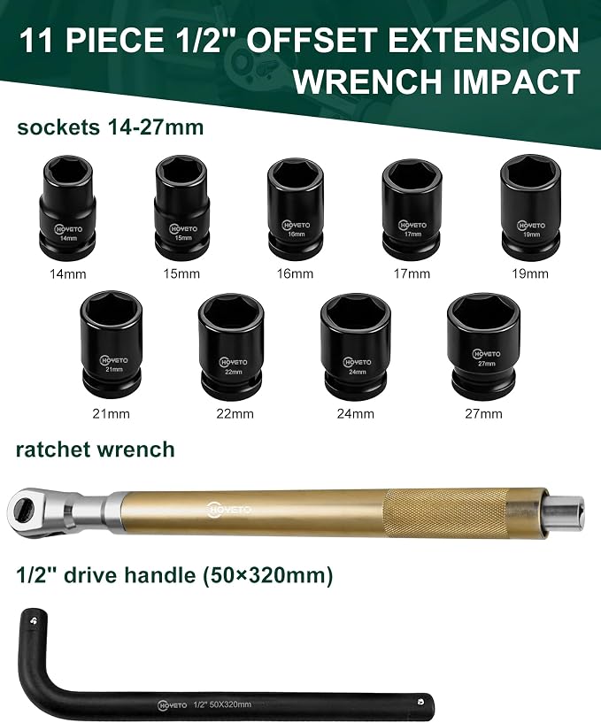 11 Piece 1/2" Offset Extension Wrench,Offset Extension Wrench Impact for Electric Drill with 9 Impact Socket, 1/2" drive handle, Multifunctional Electric Ratchet Wrench, Slim for Tight Spaces