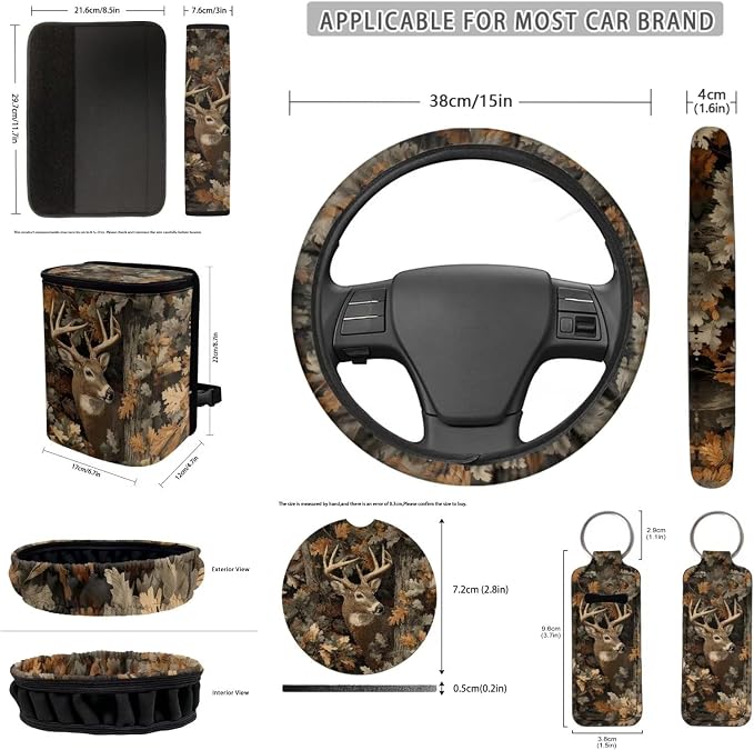 Car Seat Covers Set 12 Pcs Camo Deer Hunter Car Seat Belt Pad Cover Steering Wheel Cover Auto Cup Coasters Auto Trash Bin Rear View Mirror Cover Keychain Holder Keychains
