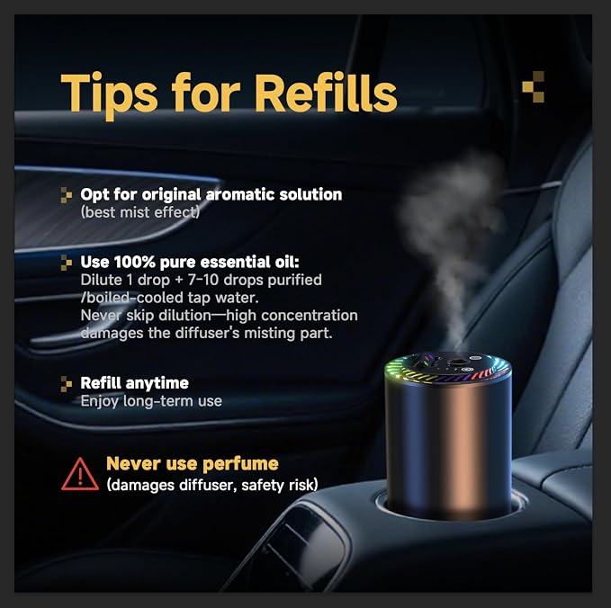 Smart Car Air Freshener with Star Light & 50ml Diffusers Oil Refills, Auto On/Off Aroma Diffuser, 3 Adjustable Mist Modes Rechargeable Aromatizante para Carro - Car Diffuser（Cologne）