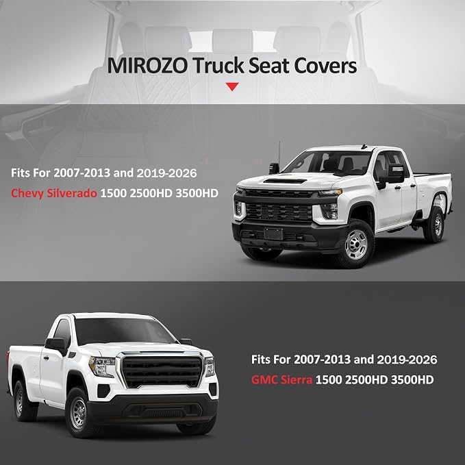MIROZO Faux Leather Truck Seat Covers, Custom Fit for 2007-2013 and 2019-2023 Chevy Silverado GMC Sierra 1500 & 2500HD 3500HD Crew Cab