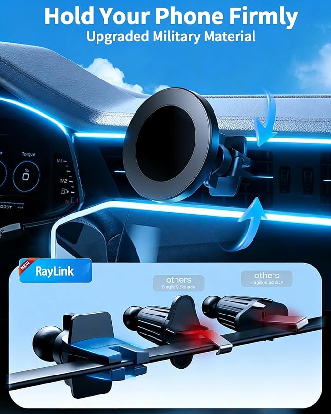 RayLink for Military-Grade Car Phone Mount【122+lbs Hold & Auto-Snap】 for MagSafe【2-in-1 Mount Included】 Magnetic Phone Holder for Car Truck Universal