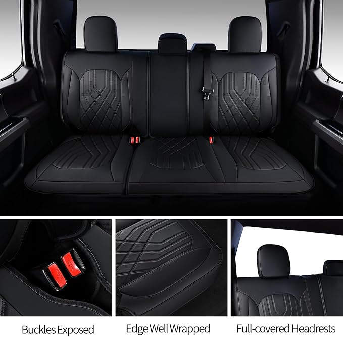 Ranger Seat Covers, for 2019-2023 Ford Ranger XLT XL Lariat Crew Cab, Napa Leather Seat Protector (Full Set, Black)