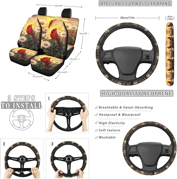 Suobstales Cardinal Daisy Flower Print 13 Pack Car Seat Cover Full Set Seat Cover Protector with Steering Wheel Cover + Seat Belt Covers + Car Trash Can + Rearview Mirror Cover + Coasters + Keychains