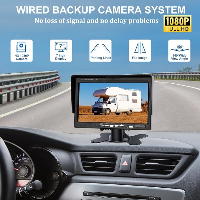 Truck RV Backup Camera with 7 Inch Monitor, AHD 1080P DIY Guide Lines No Delays Waterproof Wired Reverse Rear View Camera System for Car Trailer Camper