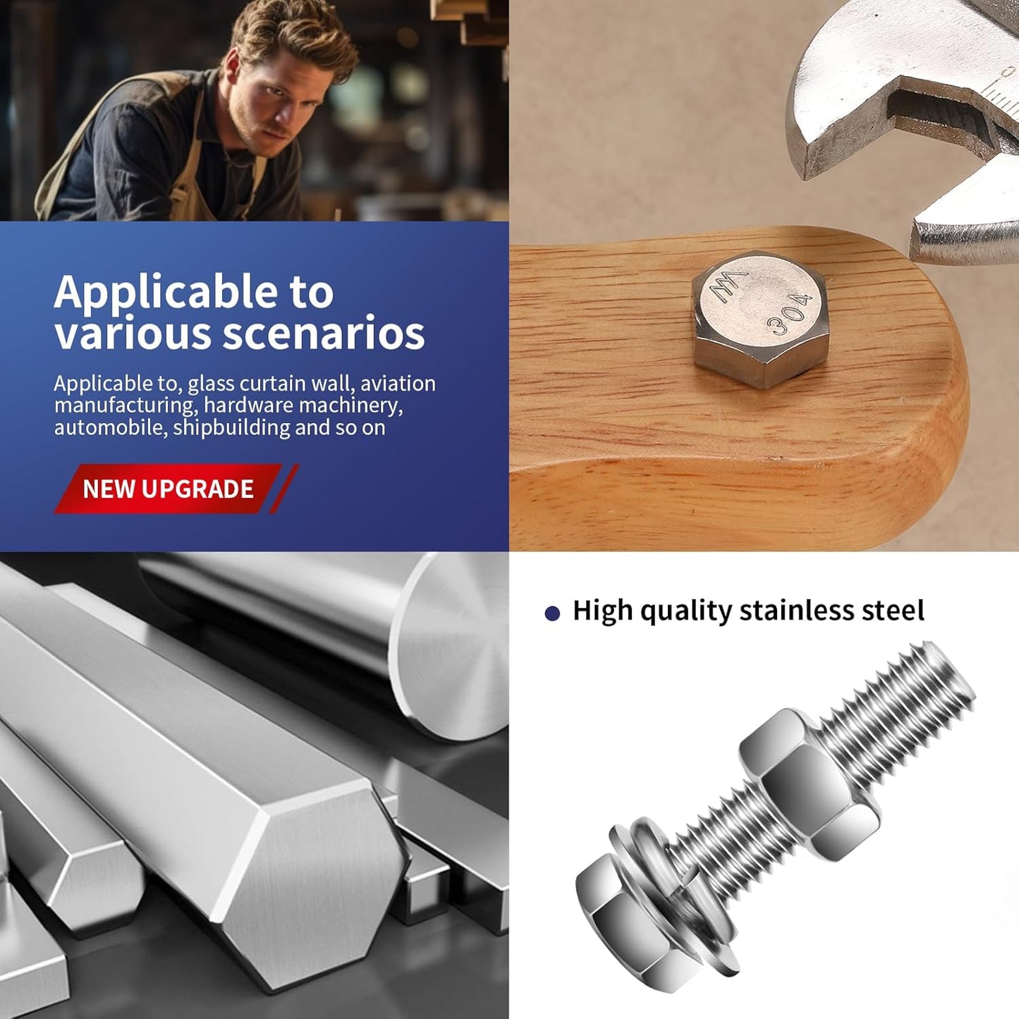 3/8-16 x 1/2" Hex Head Screw Bolt, Nuts, Flat & Lock Washers, 10Pcs 18-8 (304) Stainless Steel, Fully Threaded, by SG TZH