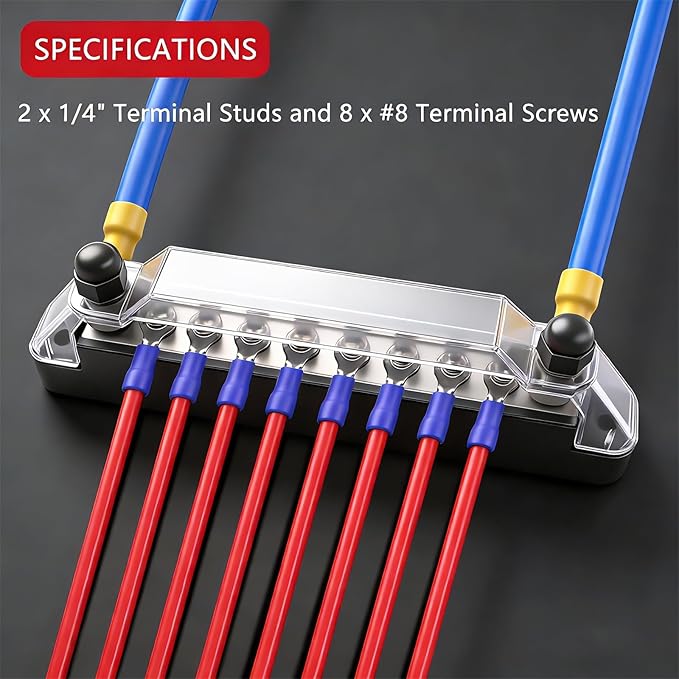 150A 12V Bus Bar Marine, 1/4" Power Distribution Block, Battery Buss Bar, Automotive Busbar Terminal Block for Car and Boat, 2 x 1/4" Studs, 8 x #8 Screws Terminals (Black+Red)