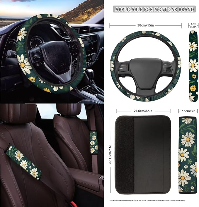 Daisy Print Car Seat Cover Sets for Women Full Set, Universal Front and Rear Split Bench Seat Cover with Steering Wheel Cover Safety Belt Pads Garbage Bag Car Air Vent Organizer