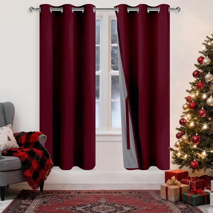 XWZO 100% Blackout Curtain Panels - Thermal Insulated Black Liner Curtains, Noise Reducing and Heat Blocking Drapes for Hall and Studio Windows with Tiebacks, Burgundy, W42 x L72, Set of 2