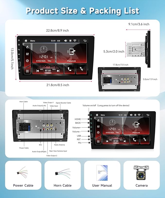 Single Din Radio 9 Inch IPS Touchscreen Car Stereo, Wireless CarPlay Android Auto, 1 Din CarPlay Radio Bluetooth, FM/AM/RDS, You-Tube Video, EQ, SWC, Backup Camera