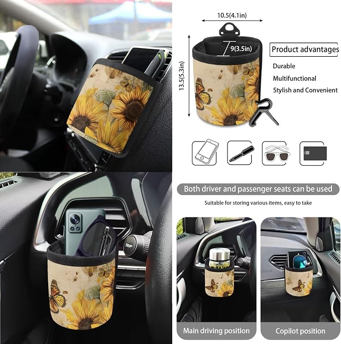 Butterfly Sunflower Print Car Seat Covers Full Set with Steering Wheel Cover Safety Belt Pads Rearview Mirror Cover Garbage Bag Car Air Vent Organizer Cup Cushions for Women