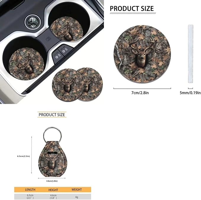 Xoenoiee Hunting Elk Forest Camo Print 11 Pcs Car Accessories Seat Cover Full Set, Steering Wheel Cover, Front & Rear Seat Cover, Seat Belt Pads, Cup Coaster, Key Chains - Universal Fit