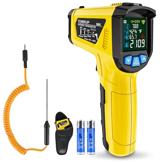 Infrared Thermometer Gun, TEMIRUP Non Contact Digital IR Laser Thermometer Temperature Gun with Probe for Cooking, Pizza Oven, Griddle, Humidity Measurement, Adjustable Emissivity -58°F to 1472°F
