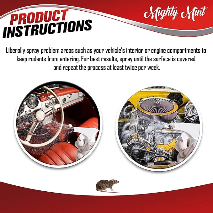 Mighty Mint Peppermint Oil Rodent Repellent Spray for Vehicles – Natural Mouse & Rat Control for Car Engines, RVs, Trucks & Boats – Plant-Based, Extra-Strong Formula – 16 oz