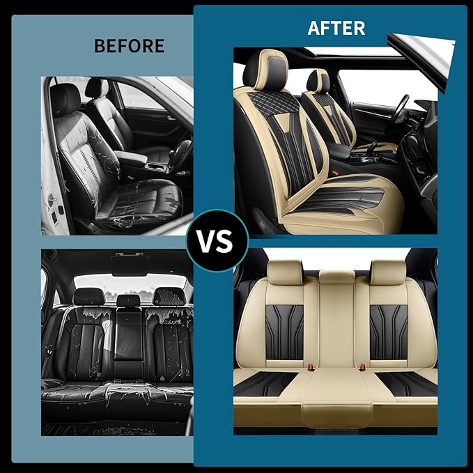 Fit Altima Car Seat Covers Premium Leather for Nissan Altima 2012-2025 2026. Waterproof， Anti-Slip, Scratch-Resistant & All-Weather Seat Cushion Protector (Full Set, Beige&Black)