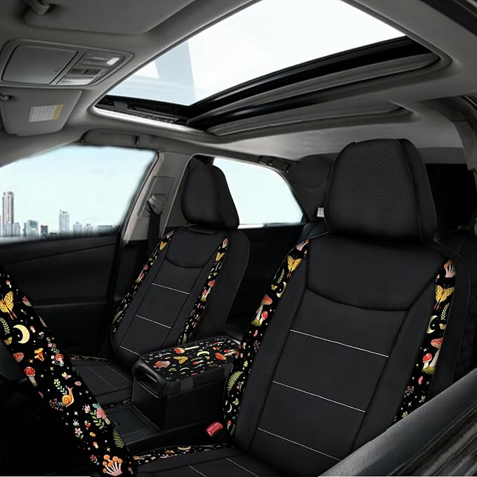 23 Pcs Leather Car Seat Cover Full Set for Women,Universal Car Seat Cover, Print Printing Car Steering Wheel Cover Center Console Armrest,Sunglass Holder Accessories Full SUV (Black Mushroom)