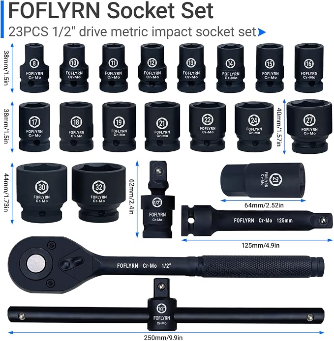 1/2" Drive Impact Socket Set,6-Point Metric Socket Set (8-32mm),23PCS Cr-Mo Material High Durability Deep Socket Set with Ratchet Wrench,Sliding T Bar,Universal Joint,Extension Bar and Storage Case.