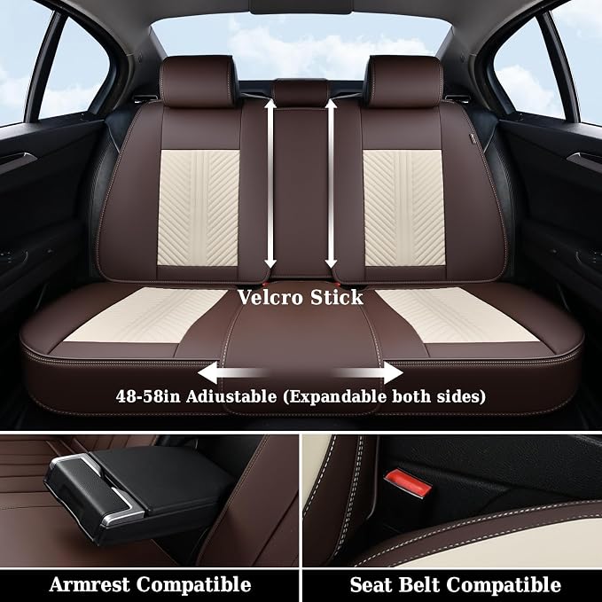 Coverado Leather Car Seat Covers Full Set, 5 Seats Waterproof Seat Covers for Cars Front and Rear Seat Cushions Protectors Universal Fit Most Vehicles (Bronw&Beige)