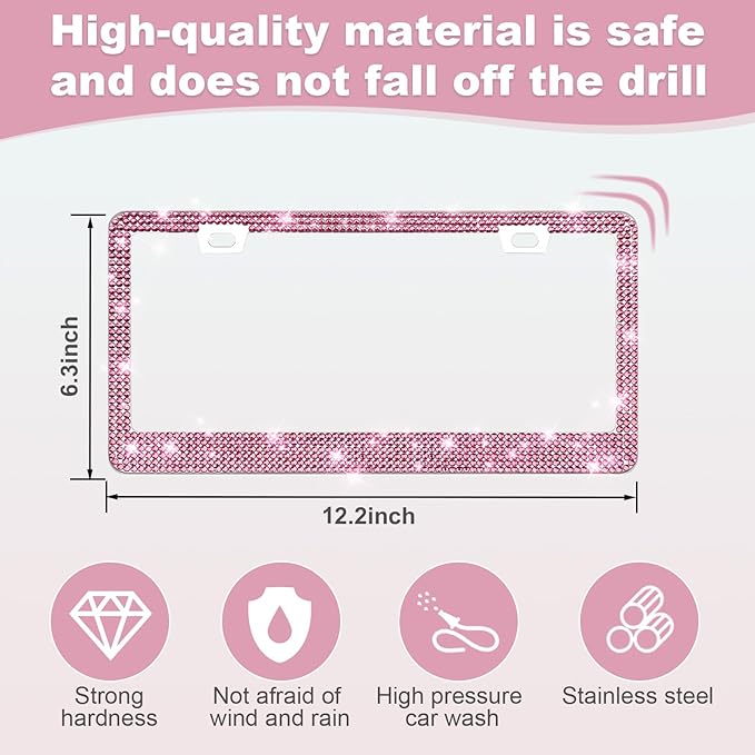 QUANQIUFEI 2 Pack Bling License Plate Frames for Women, Sparkly Rhinestone Diamond Car Accessories with Glitter Crystal Caps (Dark Pink)