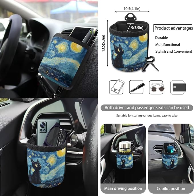 Starry Cat Print 15Pcs Car Interior Cover Set Includes Car Front Rear Seat Covers Steering Wheel Cover Seatbelt Pads Inside Rearview Mirror Protector Garbage Bag Cup Coasters