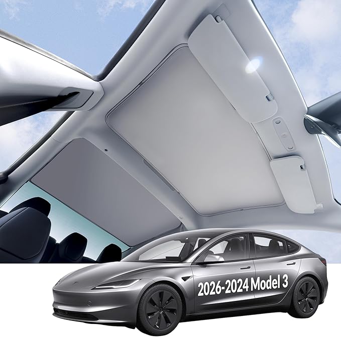 VION Tesla Model 3 Roof Sunshade (2026-2024 Model 3 Highland) – Full Blackout (No Light Transmission), Cooler Cabin, Dual-Layer Fabric with Graphene-Enhanced UV Coating, No Sagging – Gray