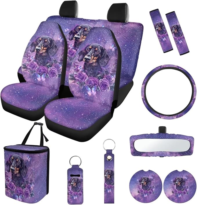 Suobstales Galaxy Dachshund Flower Print Car Accessories Set of 13 Auto Seat Protectors Cover with Seat Belt Cover,Trash Can,Steering Wheel Cover,Rearview Mirror Cover,Keychains and Cup Holders