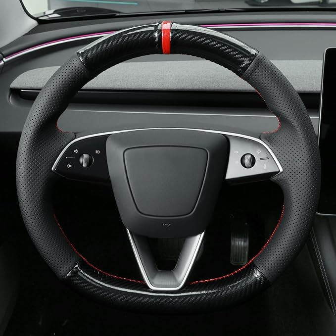 MEWANT Shiny PU Carbon Fiber Real Leather Steering Wheel Cover for Tesla Model 3 Highland 2025 Model Y Juniper 2025
