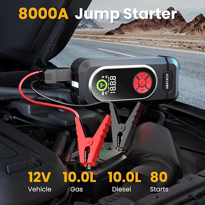 8000A Jump Starter with Air Compressor, 10-in-1 Car Battery Jump Starter Portable (10.0 Gas/10.0L Diesel), 150 PSI 12V Jump Box with Jumper Cables, LED Light, LED Display