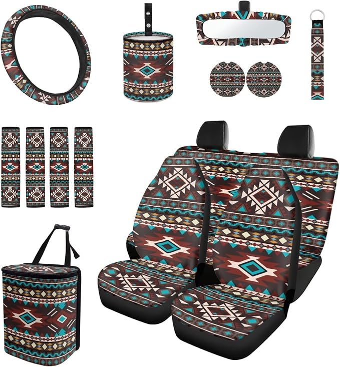Colorful Geo Car Seat Covers Set of 15 with Universal Steering Wheel Cover, Rearview Mirror Cover, Car Trash Can, Seatbelt Pads, Cup Holder Coasters, Keychains