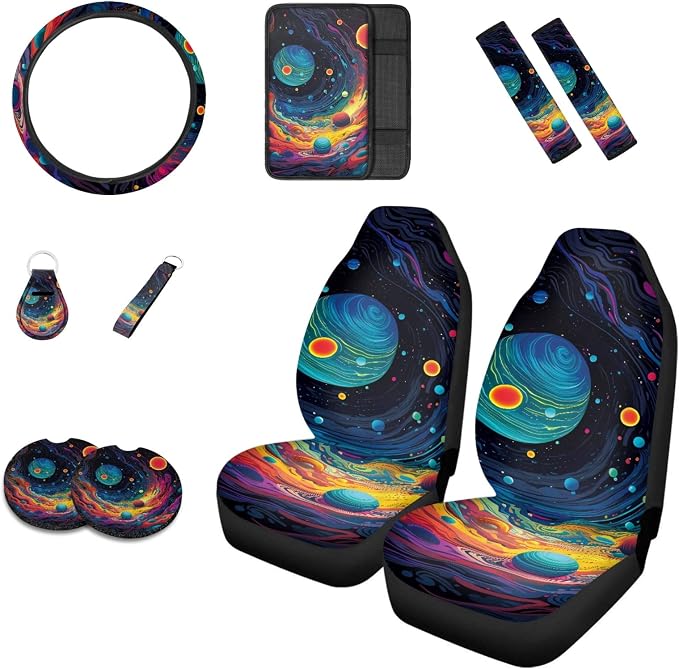 Howilath Psychedelic Space Planet Print Car Seat Covers/Steering Wheel Cover/Seatbelt Pads/Coasters/Keychain/Armrest Cushion, 10pcs Auto Interior Accessories