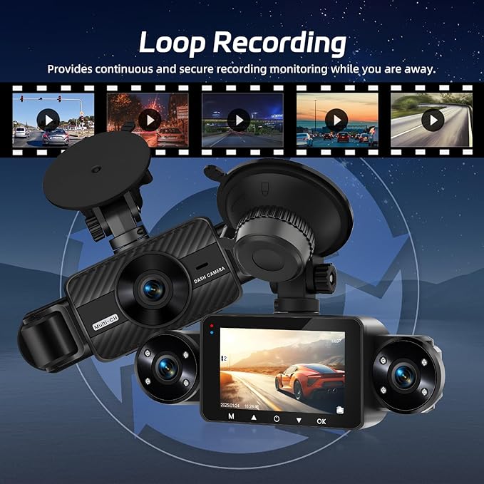 NHOPEEW Dash Cam Front and Rear Inside, 4 Channel Dash Cam 3" IPS Screen Front and Back with 8 IR Night Vision Lights, Loop Recording, 24 Hours Recording, G-Sensor, Reverse Help
