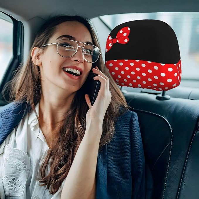 Cute Red Polka Dots Steering Wheel Cover with 2 Pack Car Seat Belt Covers and Car Seat Headrest Cover for Women
