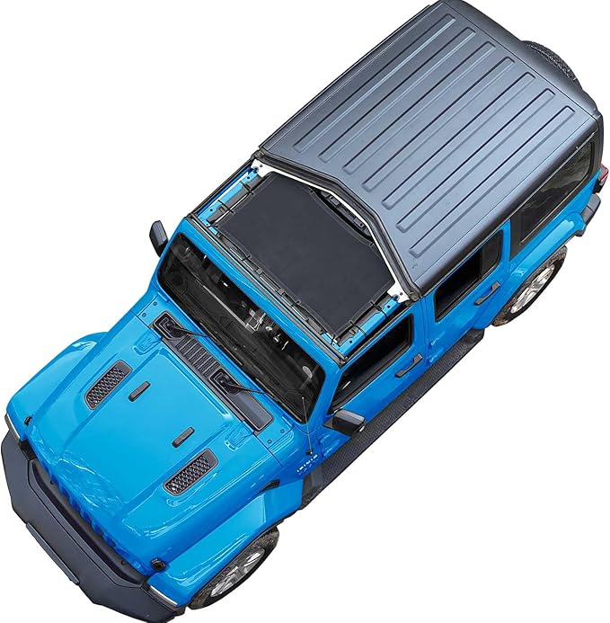 JT JL Top Sun Shade Roof Compatible with Jeep Wrangler and Gladiator 2 or 4 Door 2018 to 2023 Sunshade Sunroof Blocks UV Wind Noise Black Mesh for Front