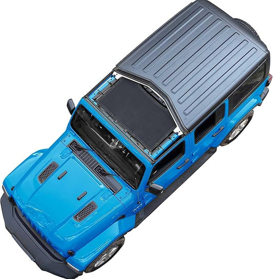 JT JL Top Sun Shade Roof Compatible with Jeep Wrangler and Gladiator 2 or 4 Door 2018 to 2023 Sunshade Sunroof Blocks UV Wind Noise Black Mesh for Front