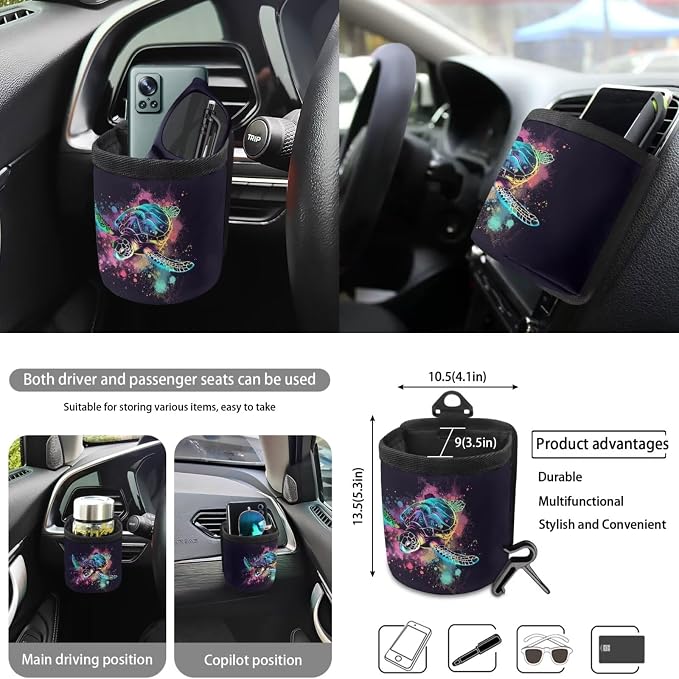 Turtle Paint Splatter Pattern 10 Pcs Car Seat Covers Full Sets Anti-Slip Steering Wheel Cover and Car Trash Bin with Car Air Vent Storage Cup Holders Lanyard Keychain for Automobile Interior
