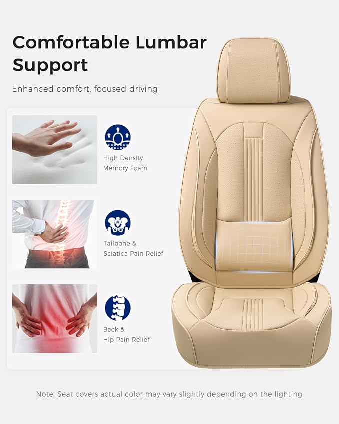 Huidasource Seat Covers Full Set, Seat Cover Nappa Leather with Lumbar Support, Side Elastic Fabric, Velcro Adjustable, Airbag, Ventilation Heating, Universal Fit for Most Cars SUV Trucks, Beige
