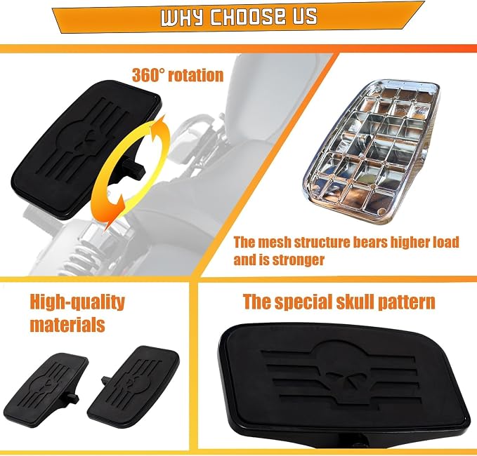Kinglemc Rear Passenger Footpeg Passenger Peg Floorboard Footboard for Harley Dyna Electra Glide Road Electra RoadKing Fatboy Sportster 883 1200 Sportsters Dynas Softails V-Rod (Skull 7.9*4.5", Black)
