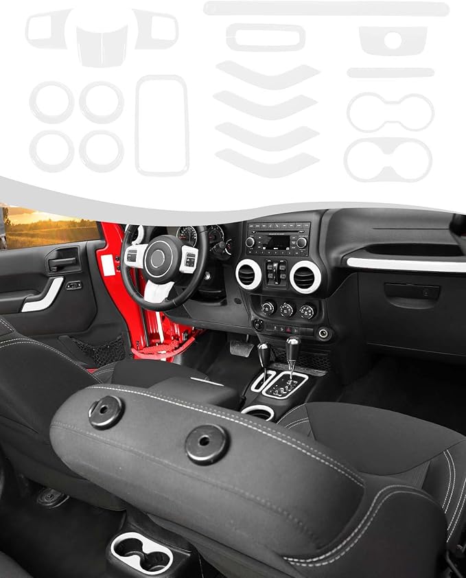 Hoolcar Steering Wheel Cover Gear Shift Panel Trim Cover Water Cup Holder Cover Kit Interior Accessories Kit Fit for Jeep Wrangler JK JKU 2011-2018, 4-Door, White
