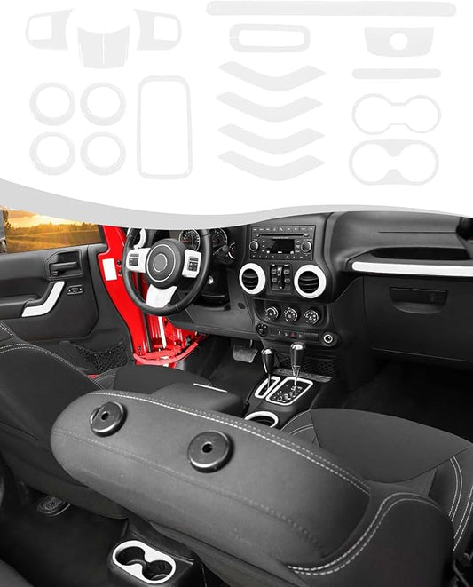 Hoolcar Steering Wheel Cover Gear Shift Panel Trim Cover Water Cup Holder Cover Kit Interior Accessories Kit Fit for Jeep Wrangler JK JKU 2011-2018, 4-Door, White